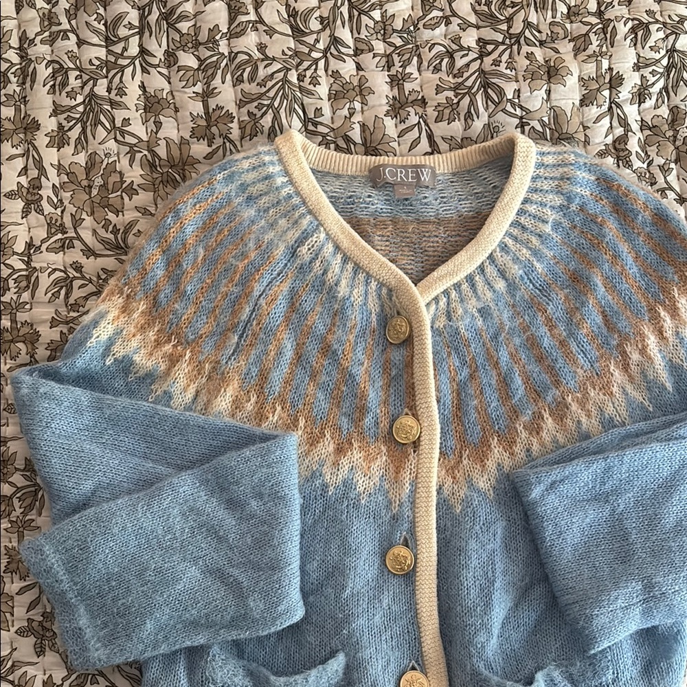 J. Crew Blue and Cream Cardigan Sweater with Nordic Pattern